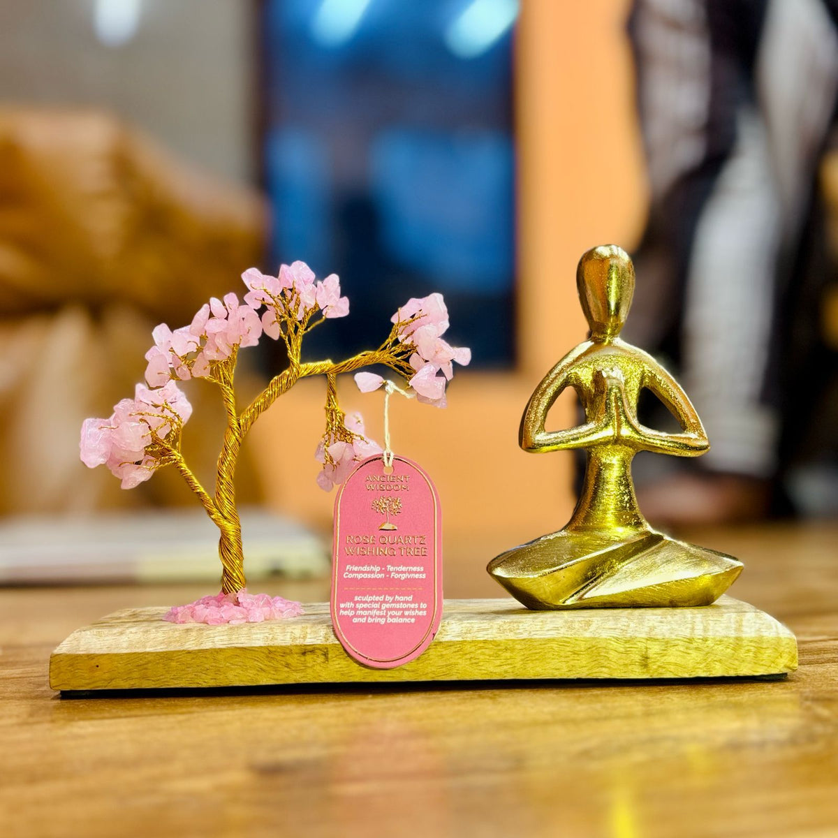 Rose Quartz Gemstone Yoga Garden | Namaste Pose | Tilted Tree | 100 Chipstones | Love & Wellness Gift