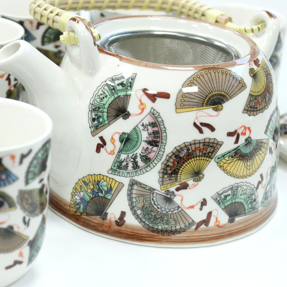 Oriental Fan Ceramic Teapot Set — Teapot & 6 Cups | Loose Leaf Tea Gift