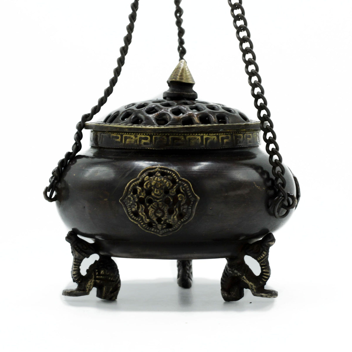 Large Brass Tibetan Four Symbol Hanging Pot Burner | Incense & Resin | Spiritual Home Gift
