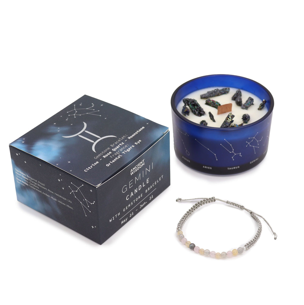 Gemini Zodiac Crystal Candle with Gemstone Bracelet | Star Sign Gift for Her