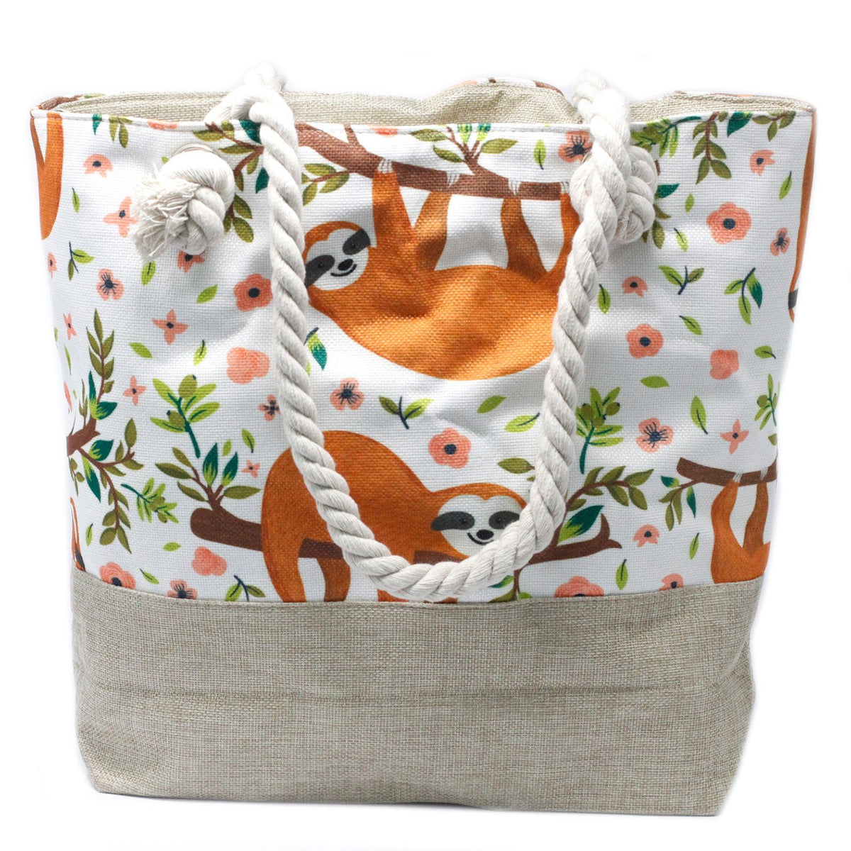 Rope Handle Tote Bag | Sloth Print | Canvas Beach & Shoulder Bag