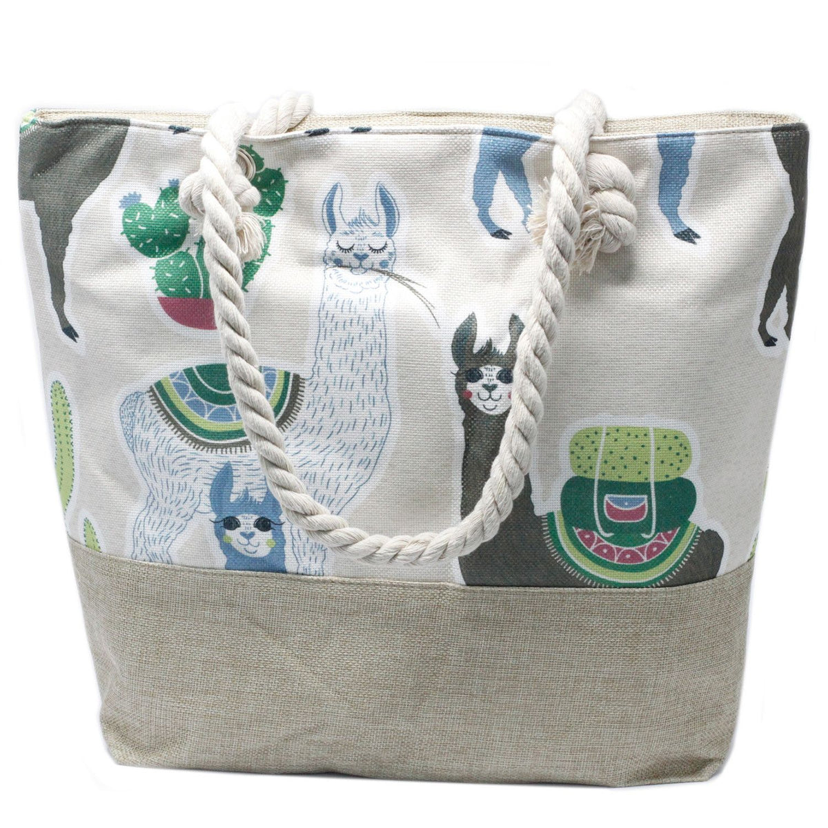 Rope Handle Tote Bag | Llama Print | Canvas Beach & Shoulder Bag