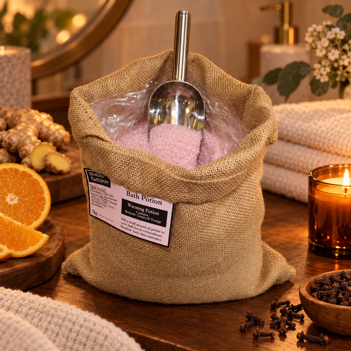 Warming Bath Potion | 7kg Hessian Sack | Cosy Aromatherapy Bath Soak | Made in UK