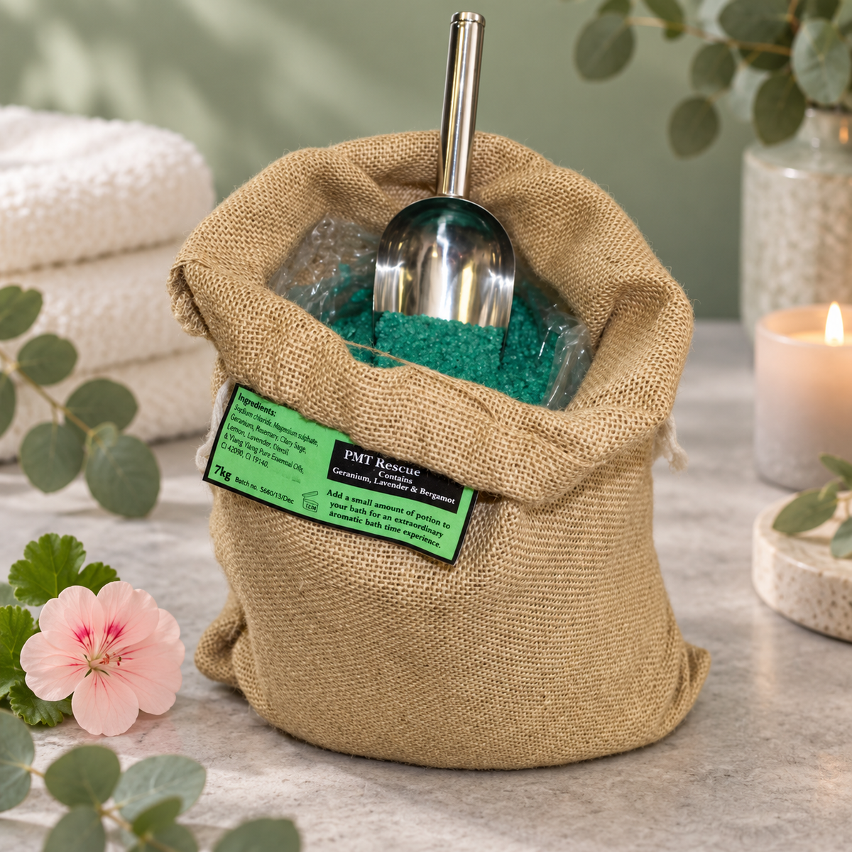 PMT Bath Potion | 7kg Hessian Sack | Soothing Aromatherapy Bath Soak | Made in UK