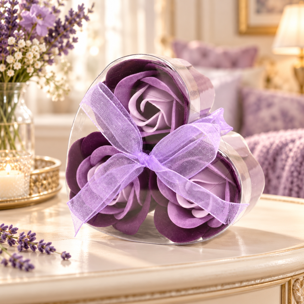 Lavender Rose Soap Flowers | Heart Gift Box | Set of 3 | Bath & Beauty Stocking Filler