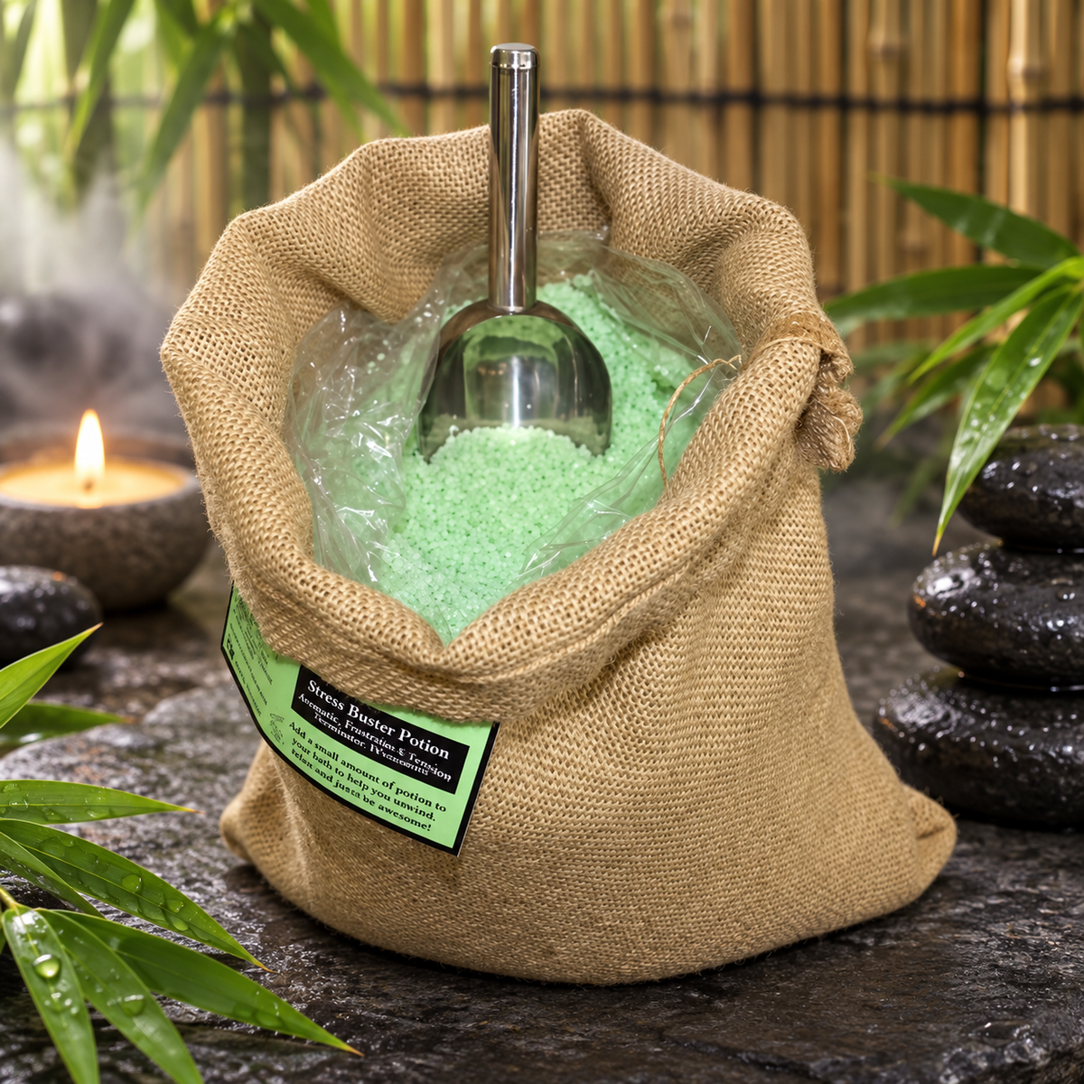 Stress Buster Bath Potion | 7kg Hessian Sack | De-Stress Aromatherapy Bath Soak | Made in UK