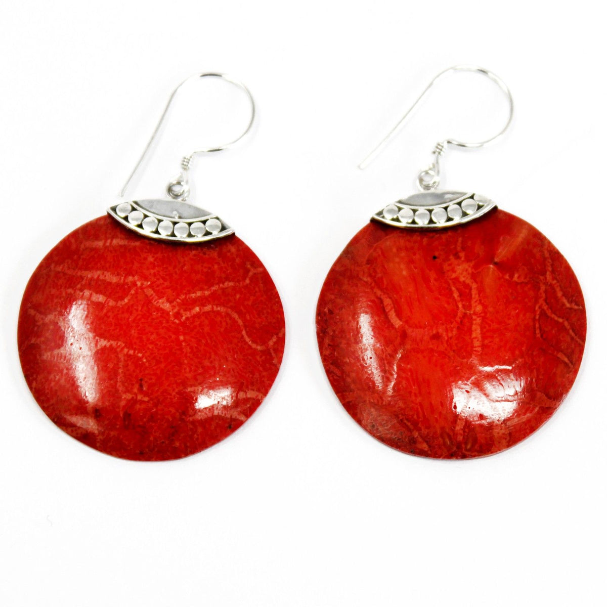 925 Silver Classic Disc Earrings — Coral Resin | Handmade in Bali