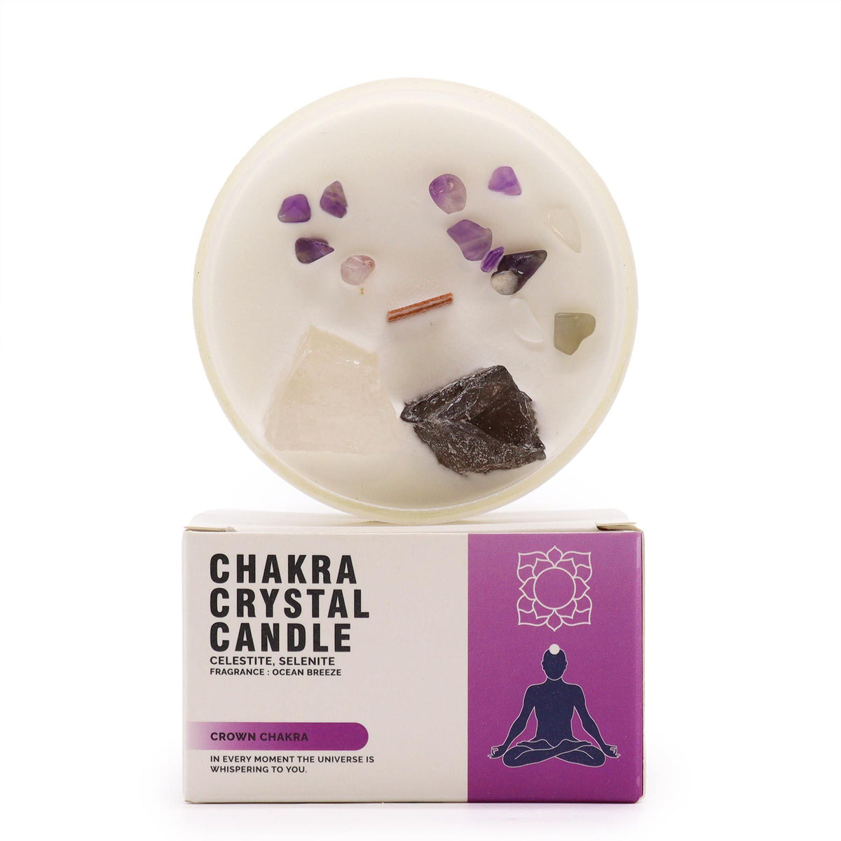 Crown Chakra Crystal Candle | Ocean Breeze | Celestite & Selenite | Spiritual Wellness Gift
