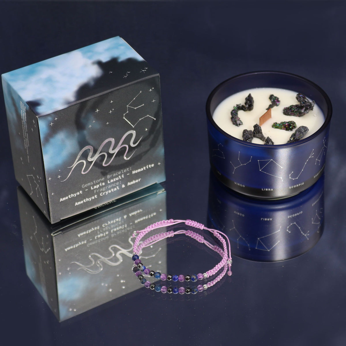 Aquarius Zodiac Crystal Candle with Gemstone Bracelet