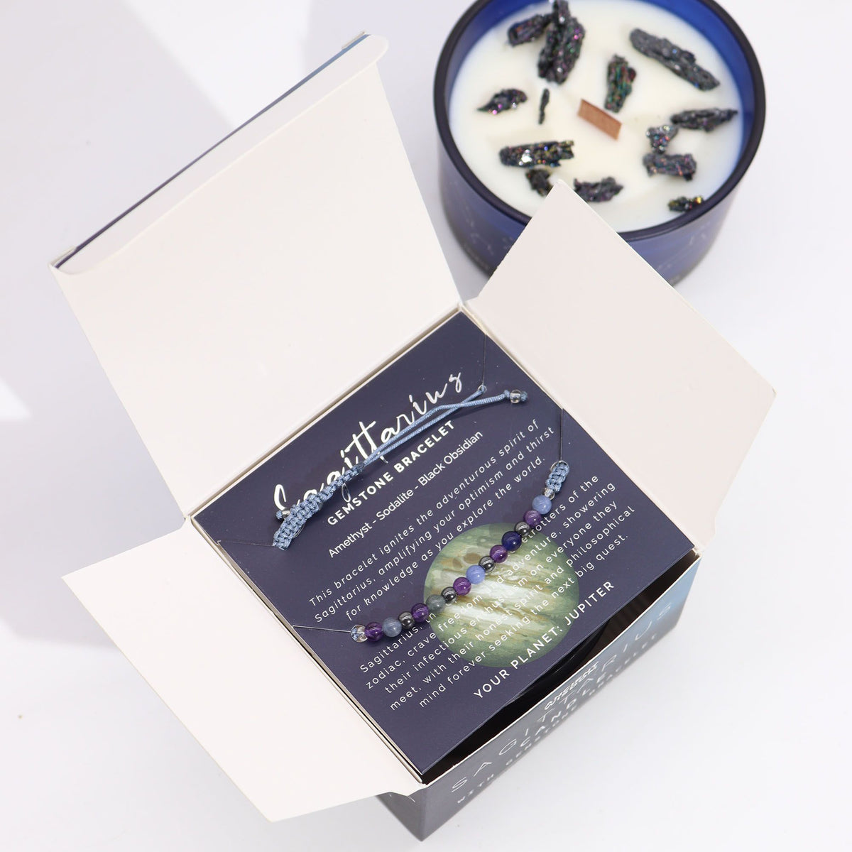 Sagittarius Zodiac Crystal Candle with Gemstone Bracelet | Star Sign Gift for Her