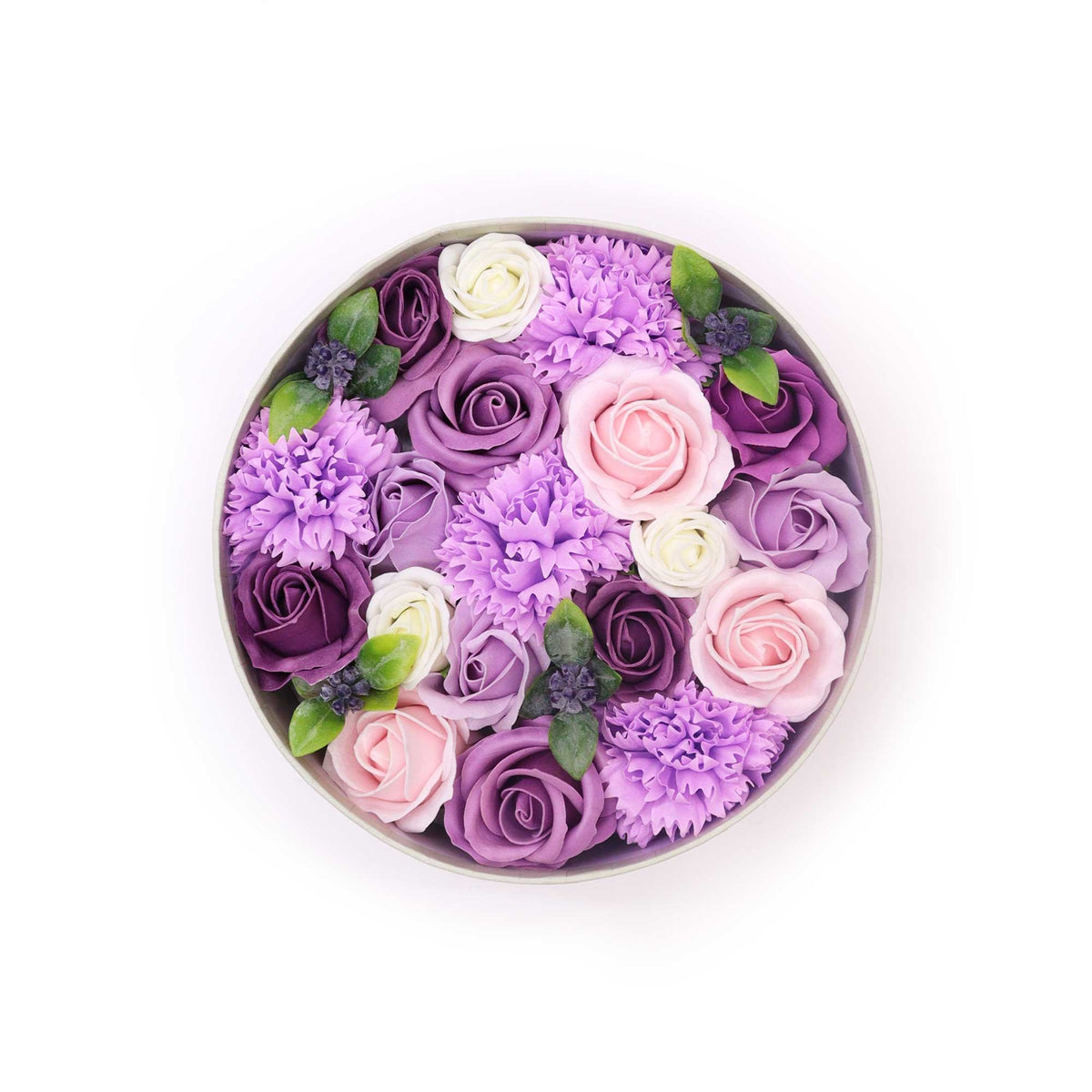 Lavender Rose & Carnation Soap Flower Round Gift Box | Luxury Floral Gift | Amber & Calm