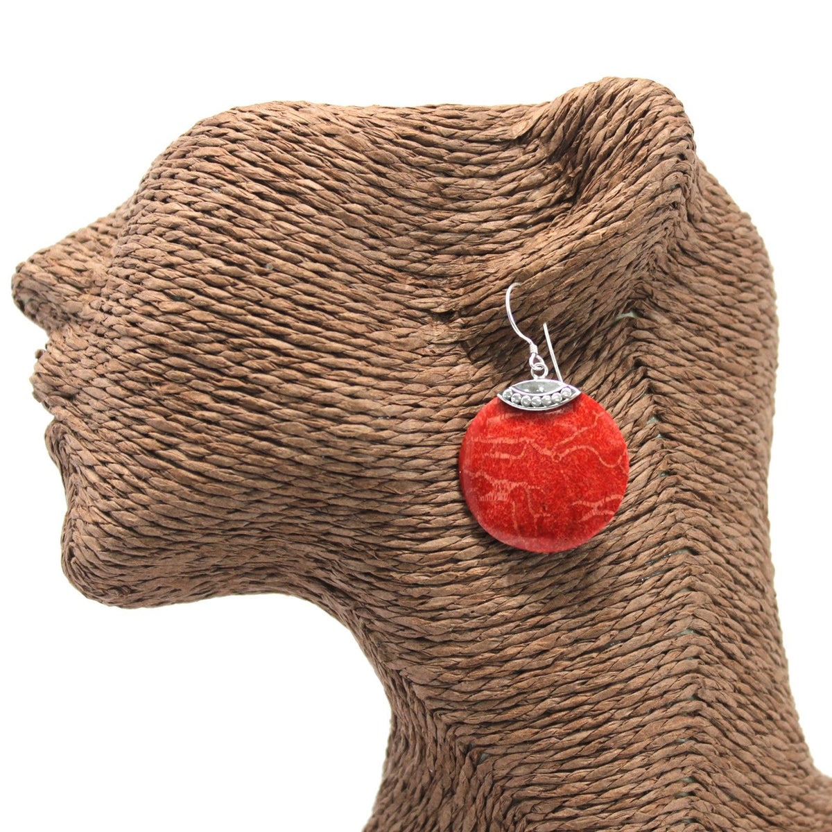 925 Silver Classic Disc Earrings — Coral Resin | Handmade in Bali