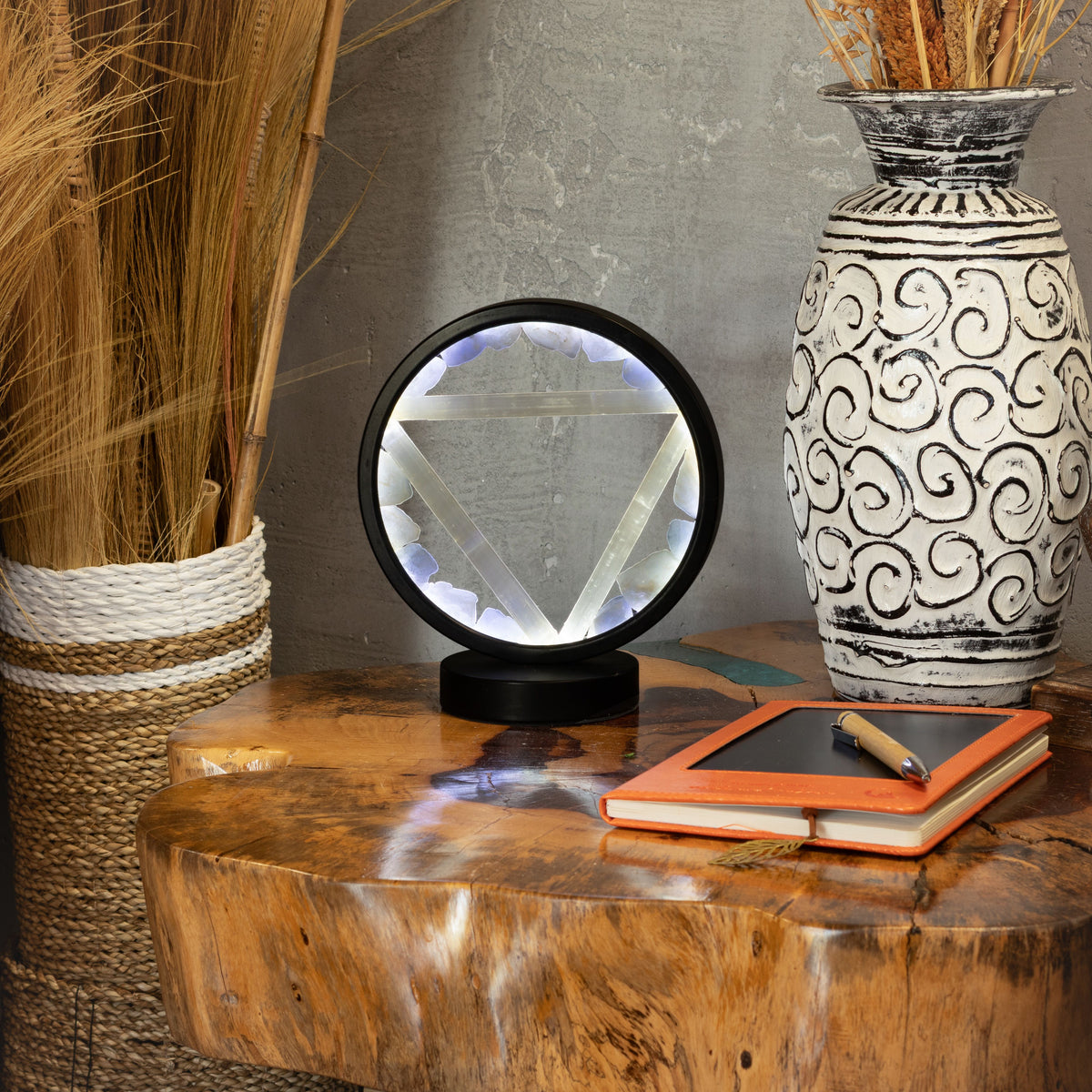 Water Element Gemstone Halo Lamp | Aquamarine & Selenite | Alchemical Symbol | USB | Zen Spirit