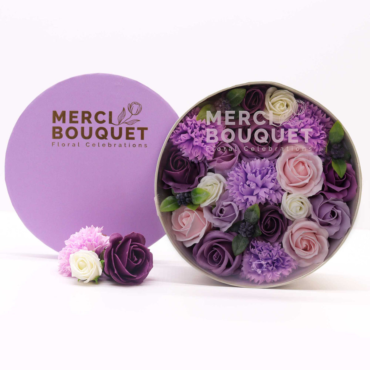 Lavender Rose & Carnation Soap Flower Round Gift Box | Luxury Floral Gift | Amber & Calm