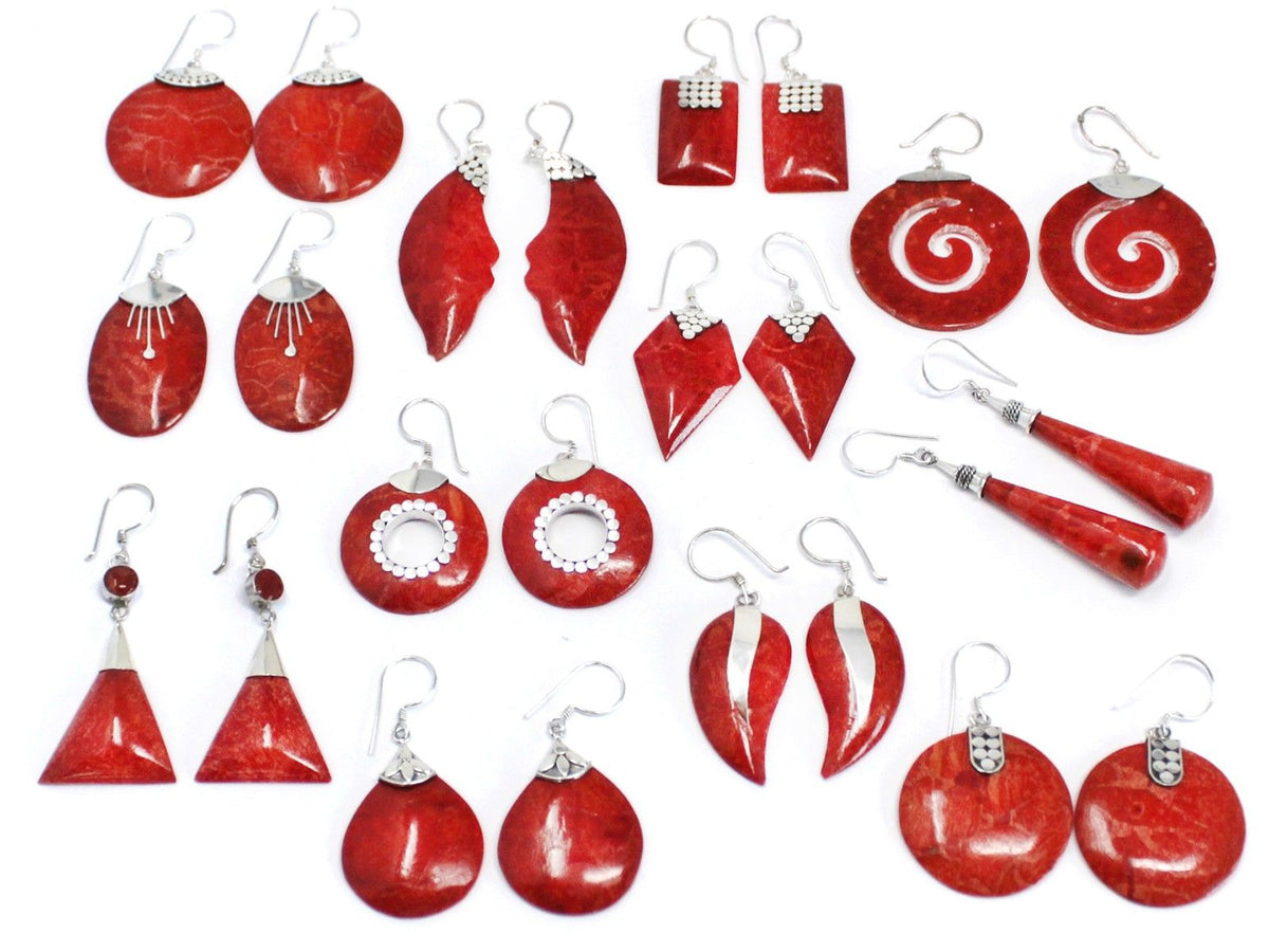 925 Silver Triangle Double Drop Earrings — Coral Resin | Handmade in Bali