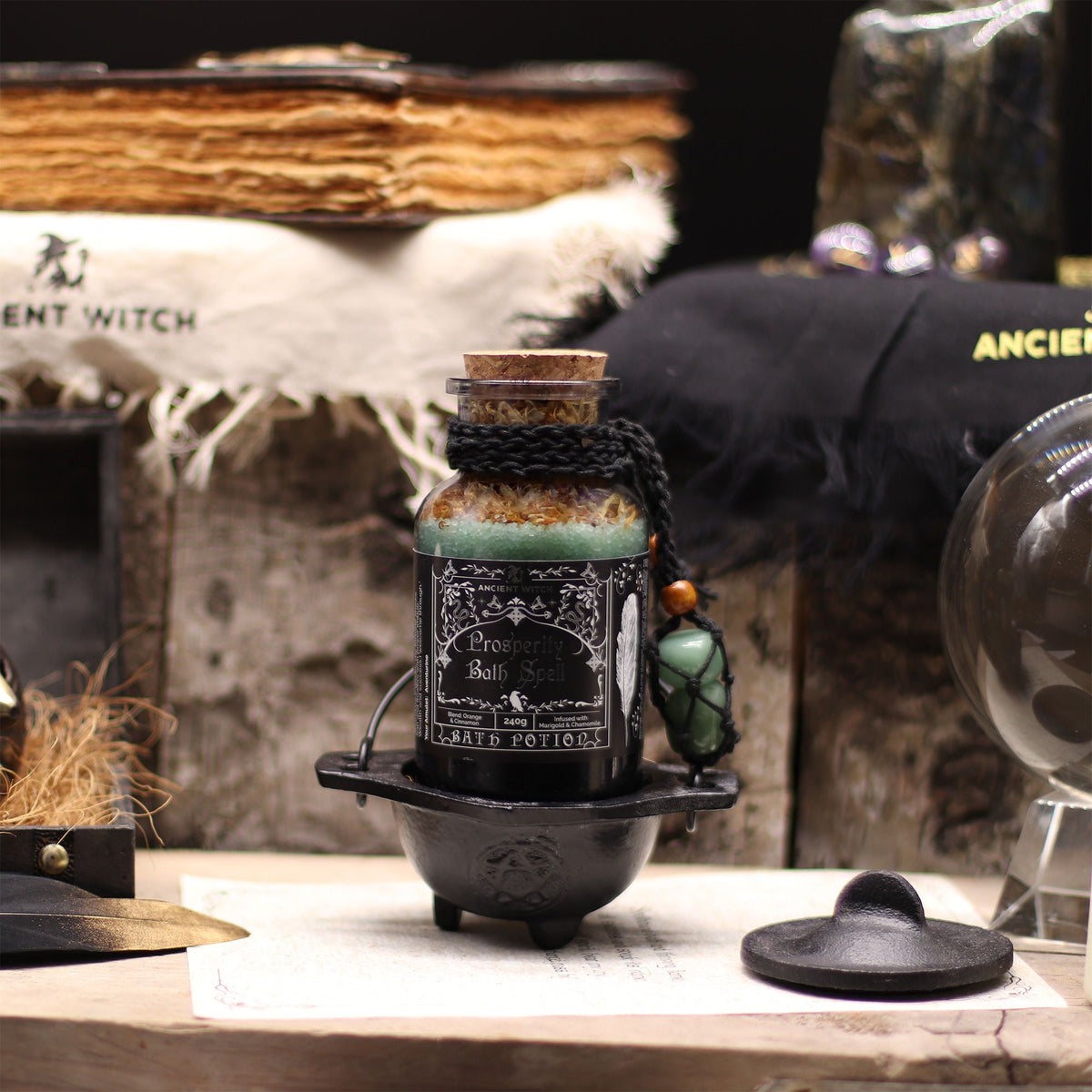 Witch Bath Spell Potion & Aventurine Crystal Amulet | Prosperity | Witchy Self-Care Gift