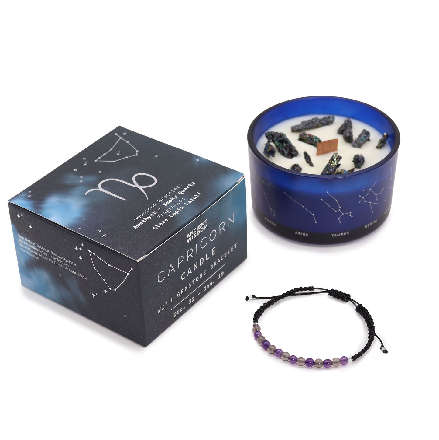 Capricorn Zodiac Crystal Candle with Gemstone Bracelet | Star Sign Gift for Her