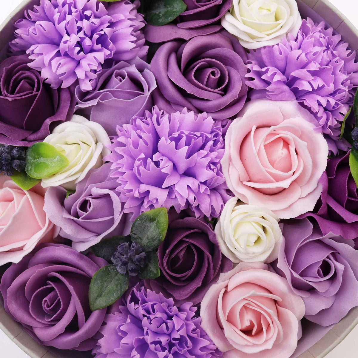 Lavender Rose & Carnation Soap Flower Round Gift Box | Luxury Floral Gift | Amber & Calm