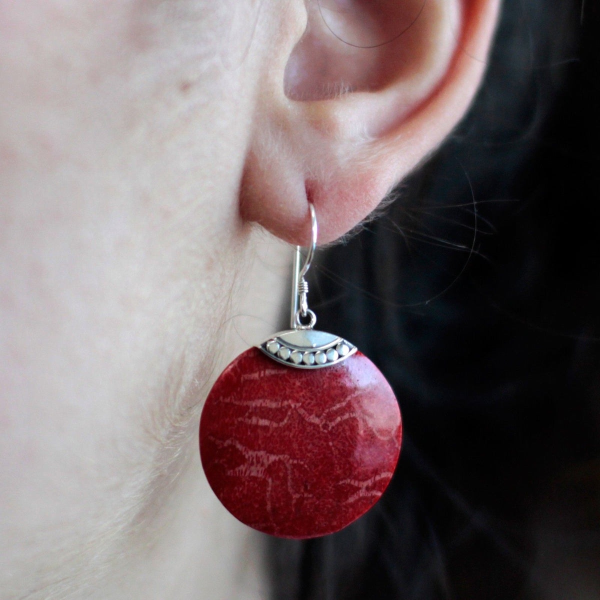 925 Silver Classic Disc Earrings — Coral Resin | Handmade in Bali