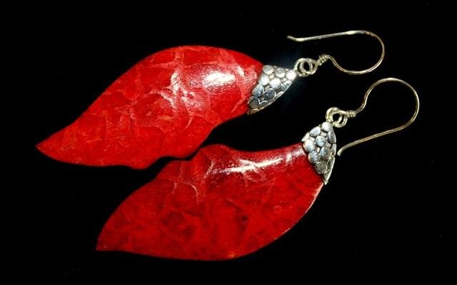 925 Silver Leaf Drop Earrings — Coral Resin | Handmade in Bali