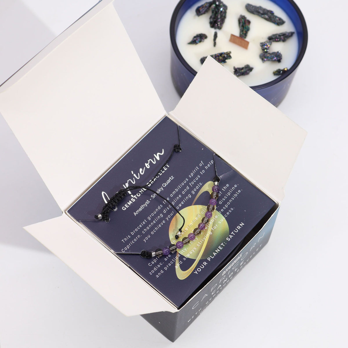 Capricorn Zodiac Crystal Candle with Gemstone Bracelet | Star Sign Gift for Her