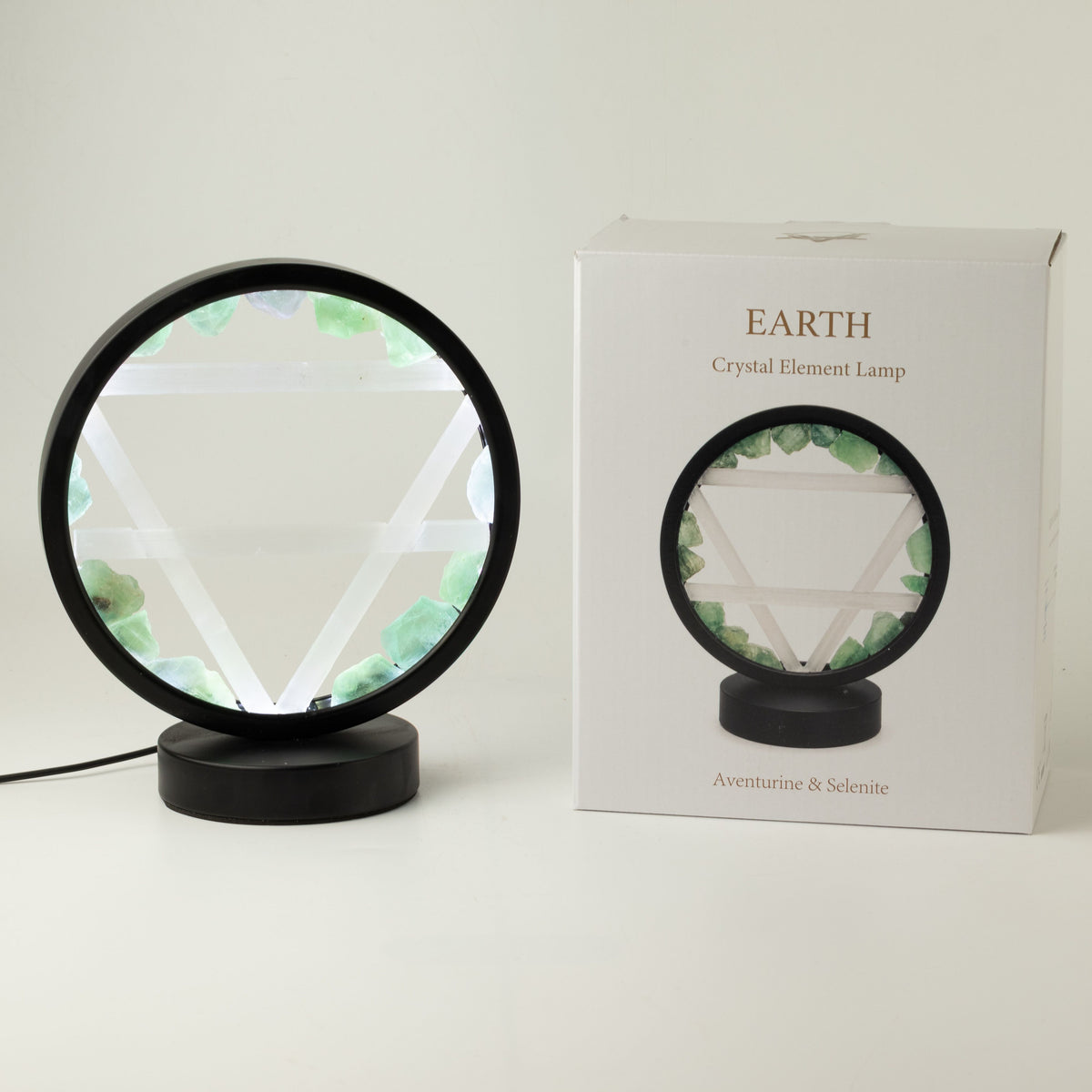 Earth Element Gemstone Halo Lamp | Green Aventurine & Selenite | Alchemical Symbol | USB | Zen Spirit