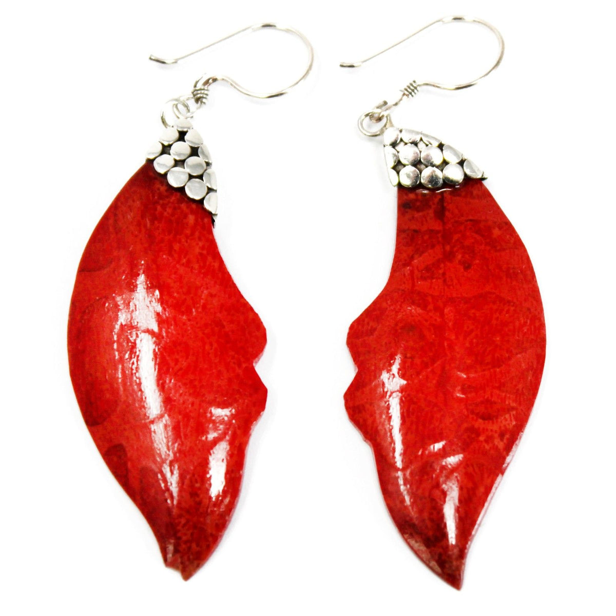 925 Silver Leaf Drop Earrings — Coral Resin | Handmade in Bali