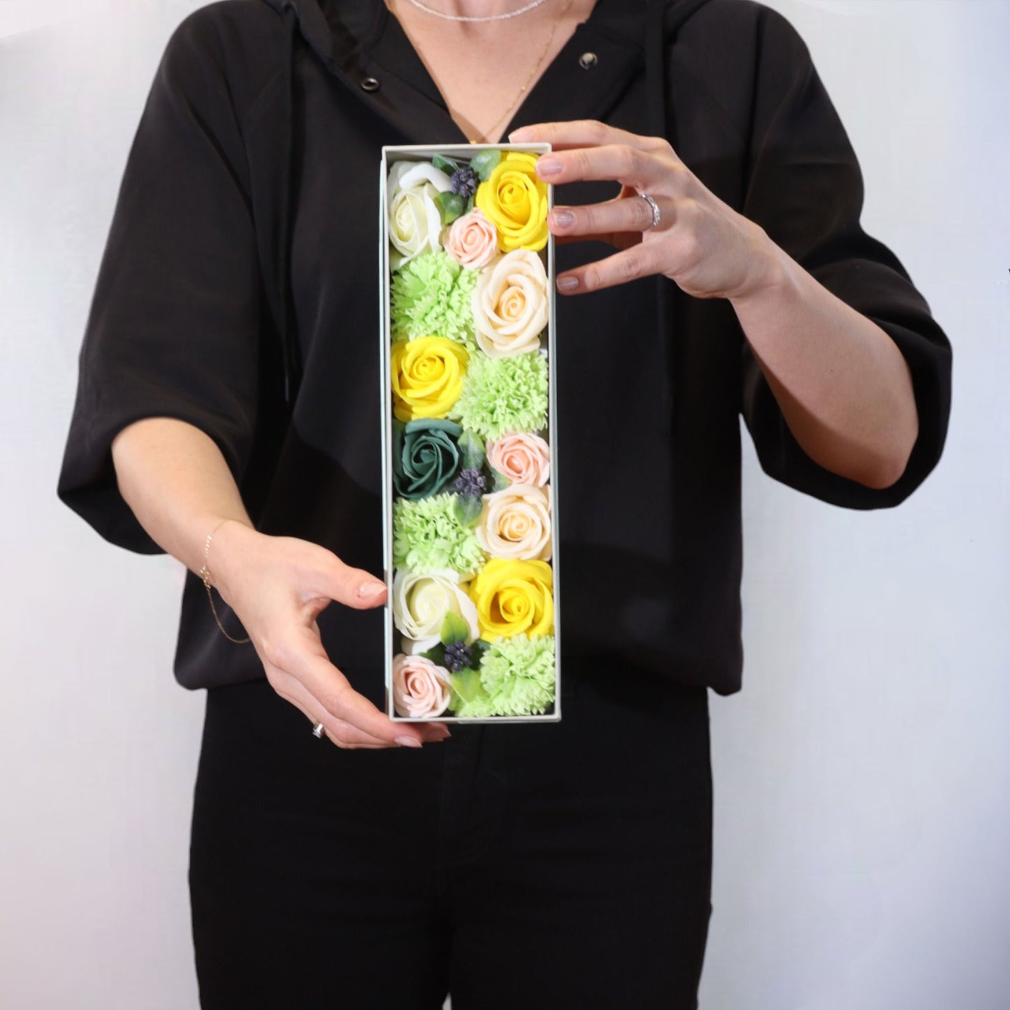 Spring Celebrations Soap Flower Long Gift Box | Yellow & Green | Luxury Floral Gift