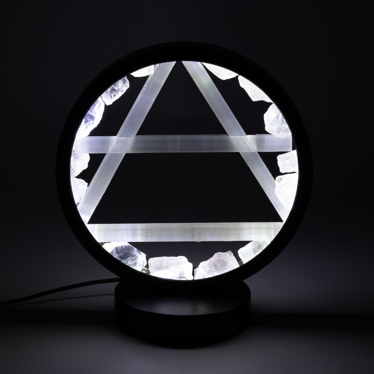 Air Element Gemstone Halo Lamp | Clear Quartz & Selenite | Alchemical Symbol | USB | Zen Spirit