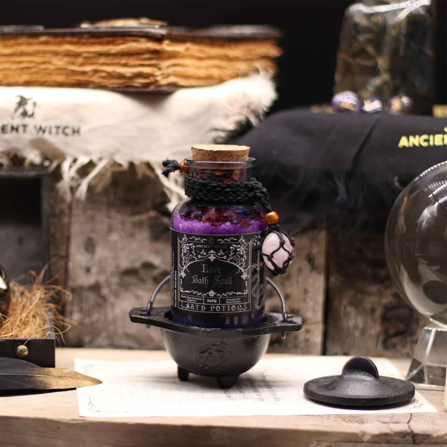 Witch Bath Spell Potion & Rose Quartz Crystal Amulet | Love | Witchy Self-Care Gift