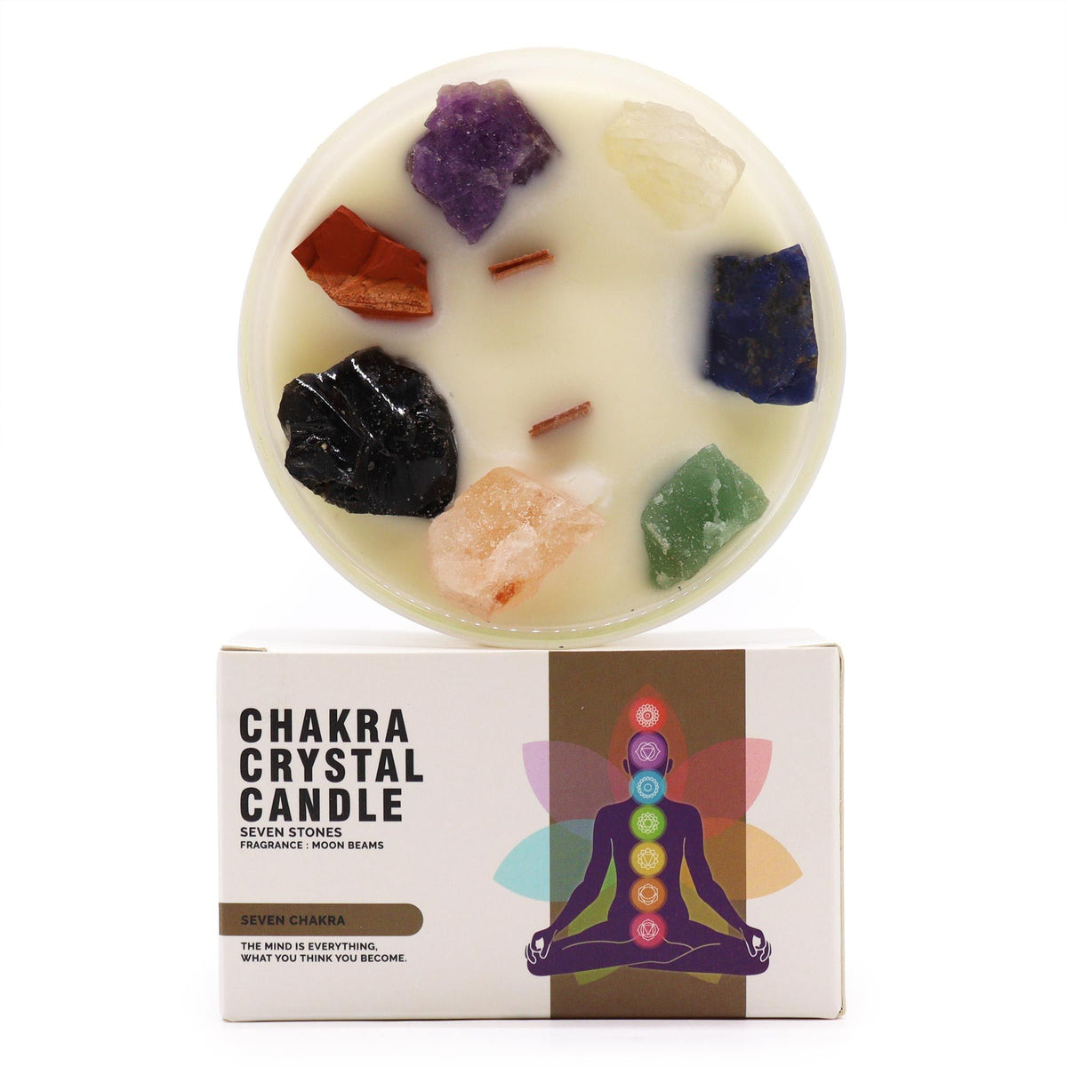 Seven Chakra Large Crystal Candle | Moon Beams | 7 Gemstones | Balance & Alignment Spiritual Gift