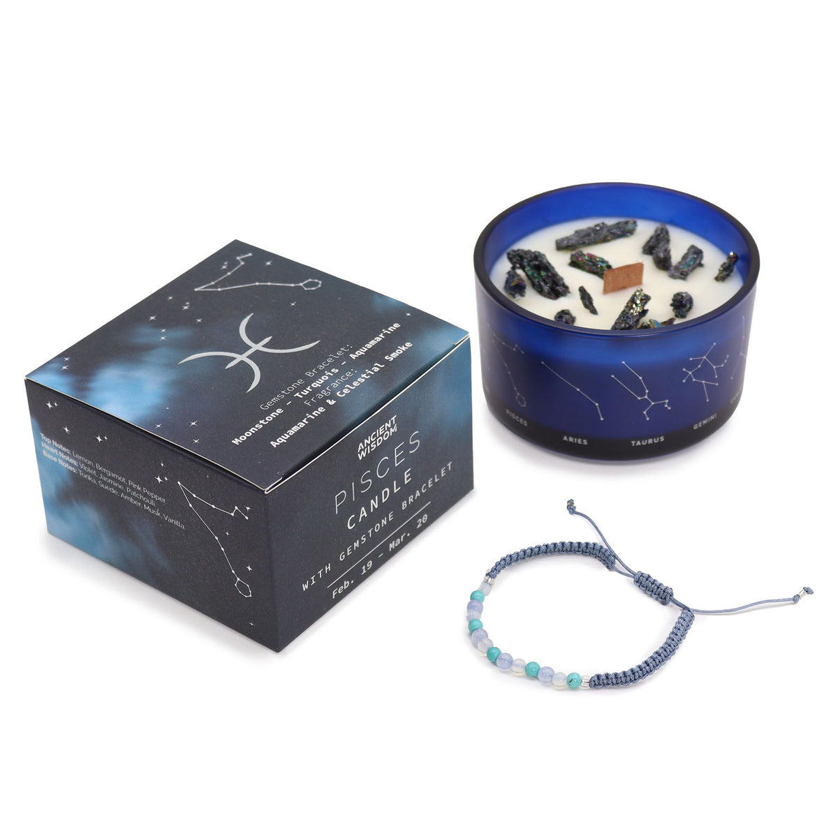 Pisces Zodiac Crystal Candle with Gemstone Bracelet | Star Sign Gift for Her