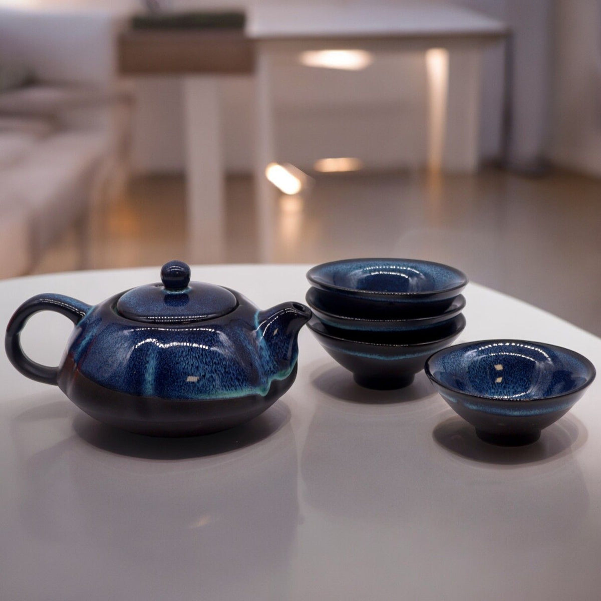 Blue Glaze Ceramic Tea Set — Teapot & 4 Cups | Gongfu Style