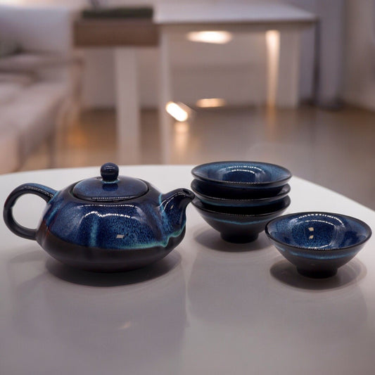 Blue Glaze Ceramic Tea Set — Teapot & 4 Cups | Gongfu Style