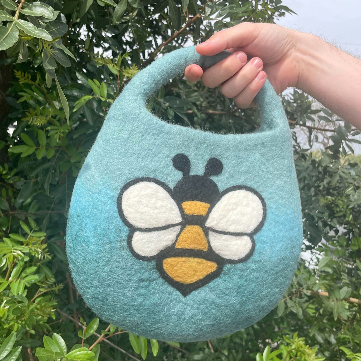 Water Felted Bee Bag — One Handle with Magnet | Blue Green | Handmade in Nepal
