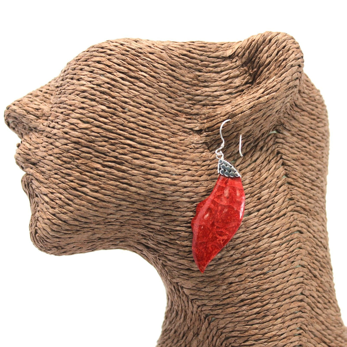 925 Silver Leaf Drop Earrings — Coral Resin | Handmade in Bali