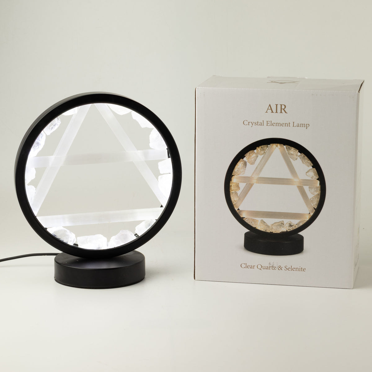 Air Element Gemstone Halo Lamp | Clear Quartz & Selenite | Alchemical Symbol | USB | Zen Spirit