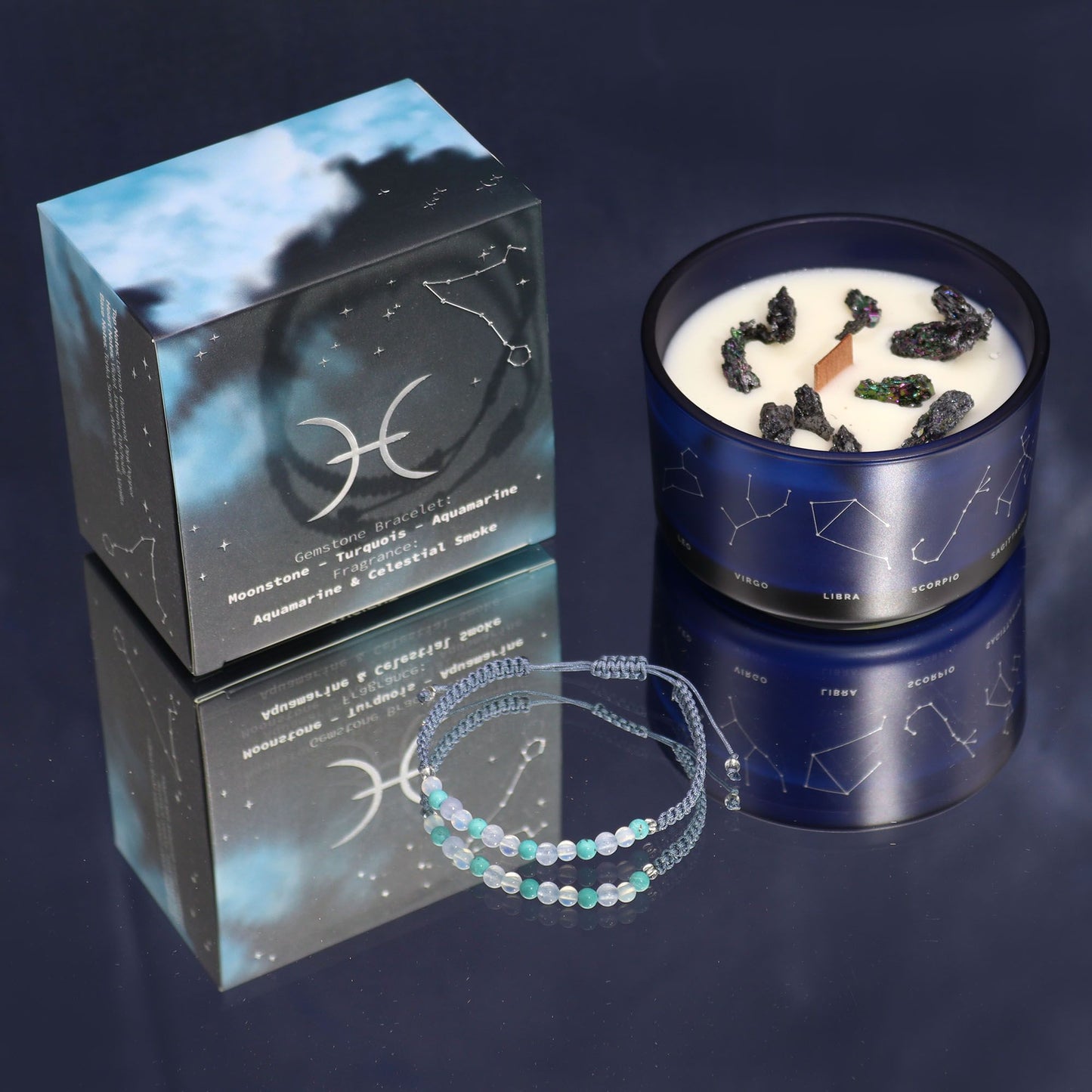 Pisces Zodiac Crystal Candle with Gemstone Bracelet | Star Sign Gift for Her