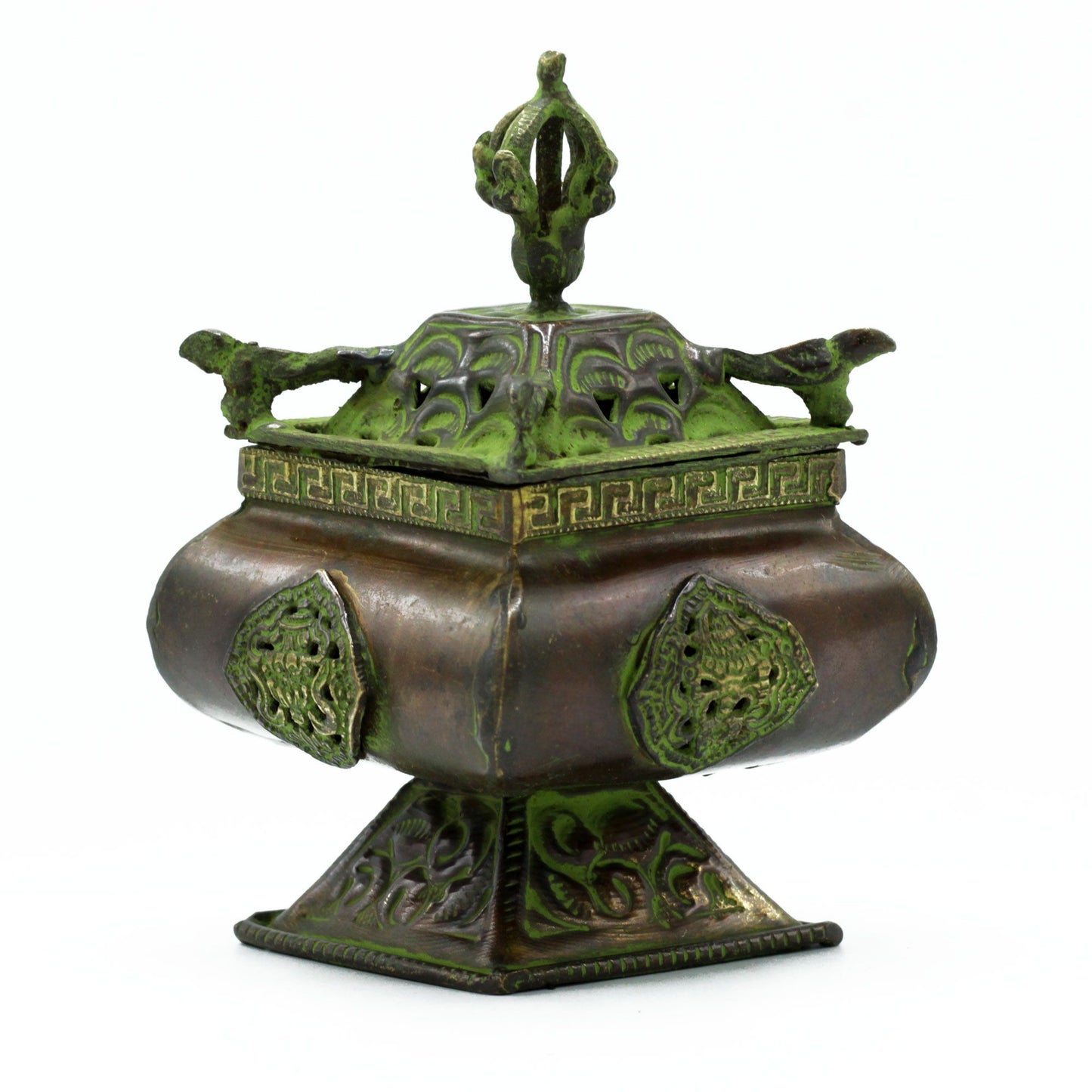 Brass Verdigris Tibetan Four Symbols Square Burner | Incense & Resin | Spiritual Home Gift