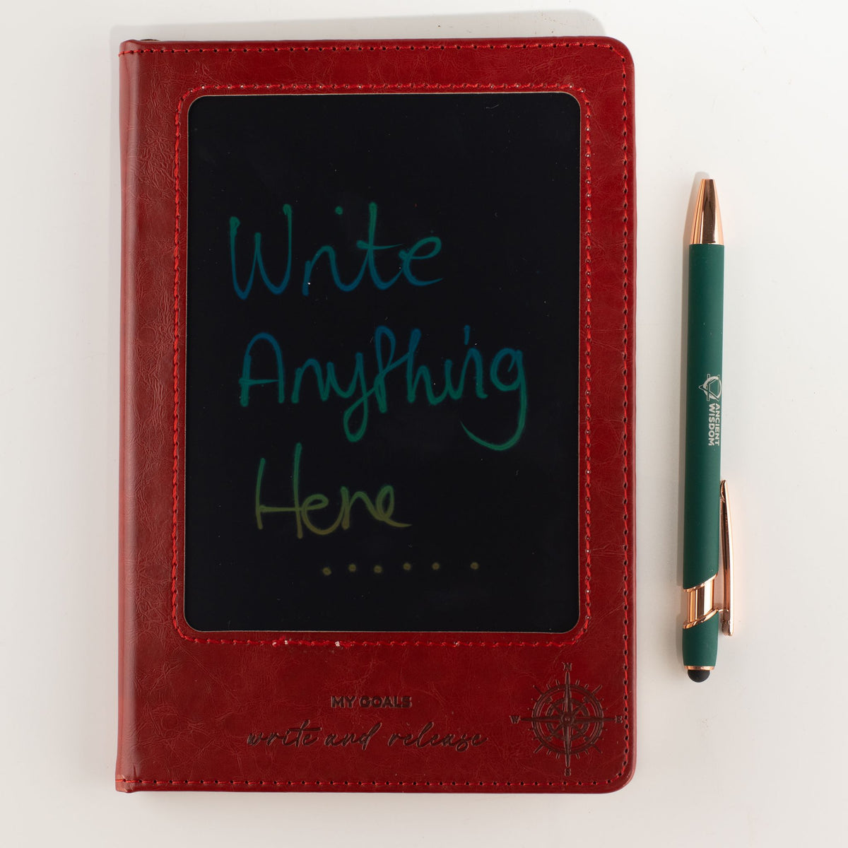 A5 Intention Notebook | LCD Wipe Screen & 80 Lined Pages | Red Leather Effect | Journaling Gift