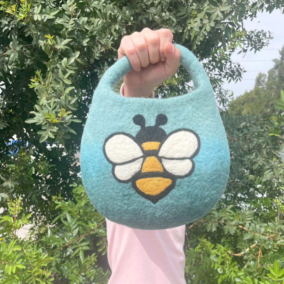 Water Felted Bee Bag — One Handle with Magnet | Blue Green | Handmade in Nepal