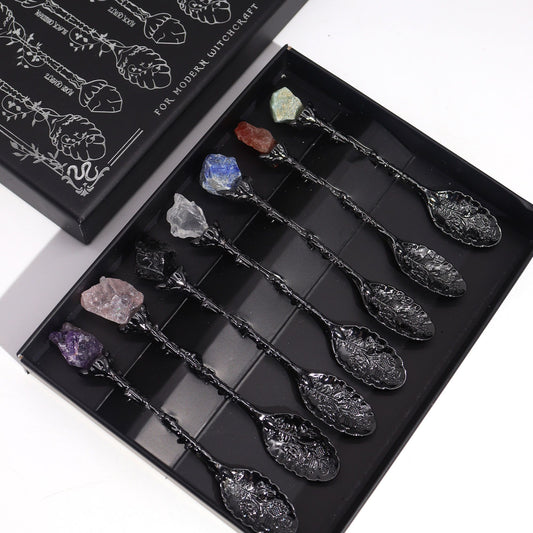 Set of 7 Dark Silver Gemstone Crystal Witch Spoons