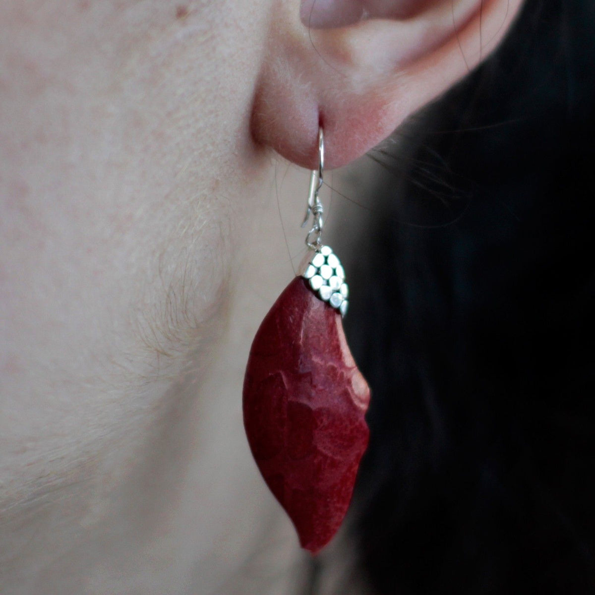 925 Silver Leaf Drop Earrings — Coral Resin | Handmade in Bali