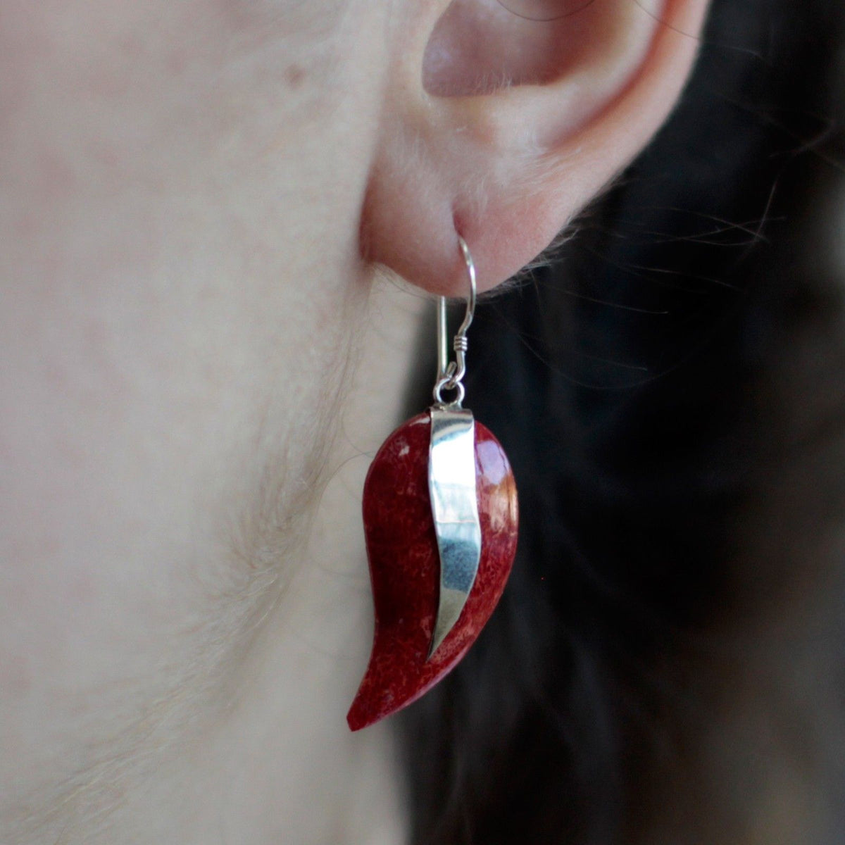 925 Silver Mango Drop Earrings — Coral Resin | Handmade in Bali