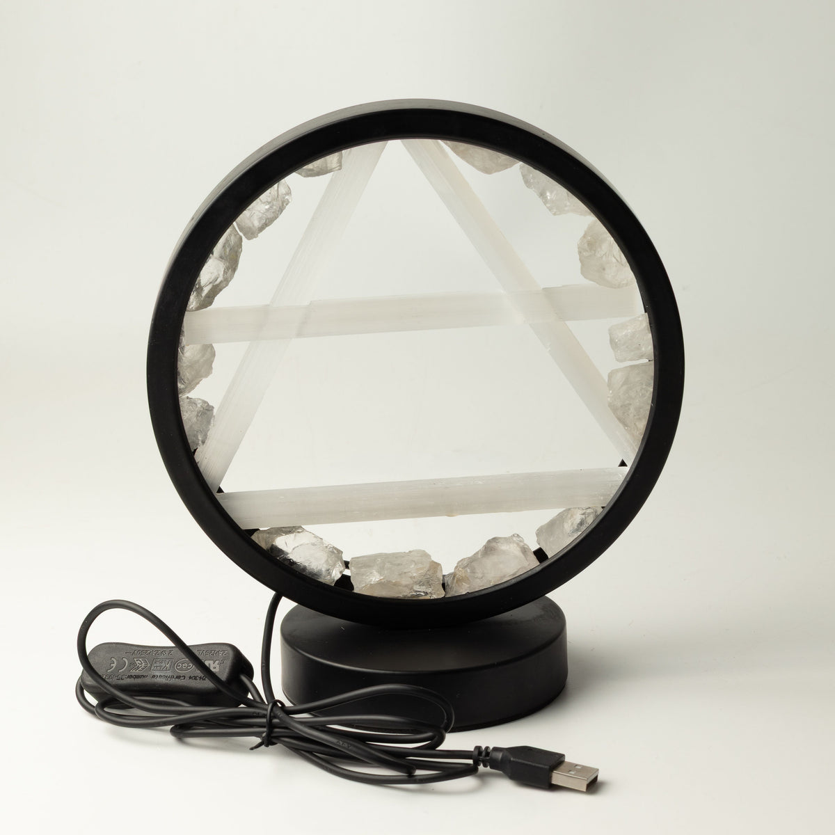 Air Element Gemstone Halo Lamp | Clear Quartz & Selenite | Alchemical Symbol | USB | Zen Spirit