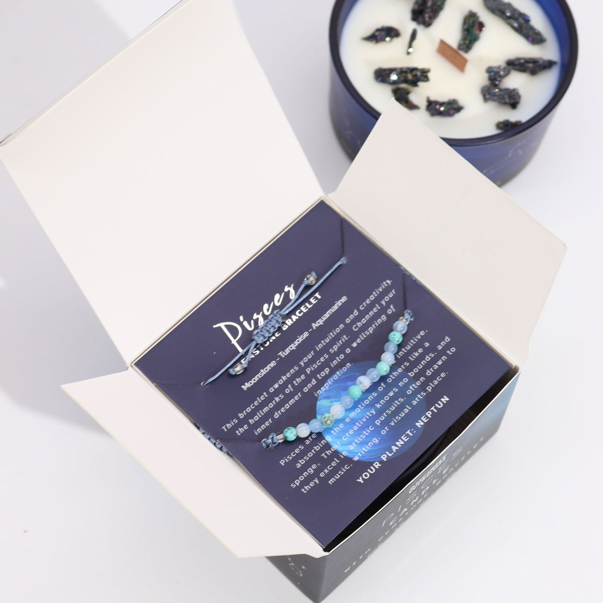 Pisces Zodiac Crystal Candle with Gemstone Bracelet | Star Sign Gift for Her