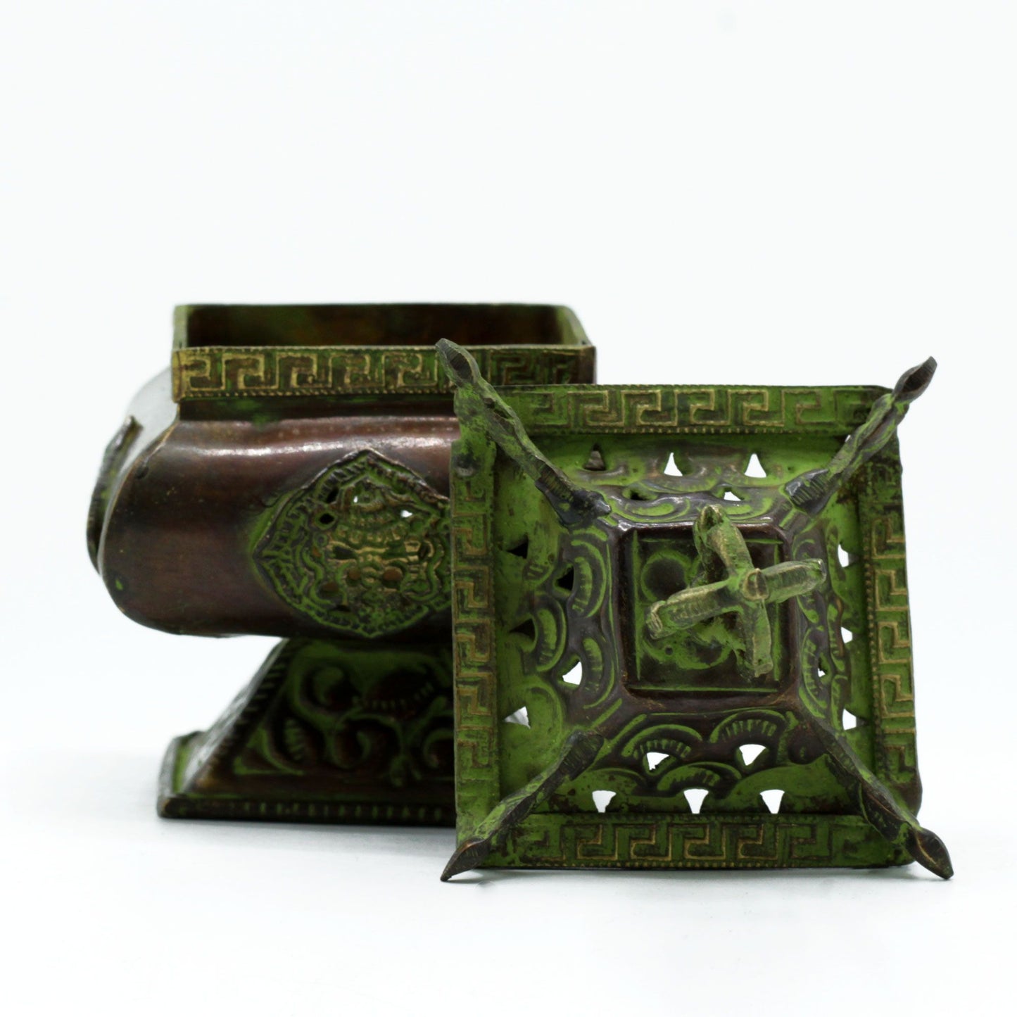 Brass Verdigris Tibetan Four Symbols Square Burner | Incense & Resin | Spiritual Home Gift