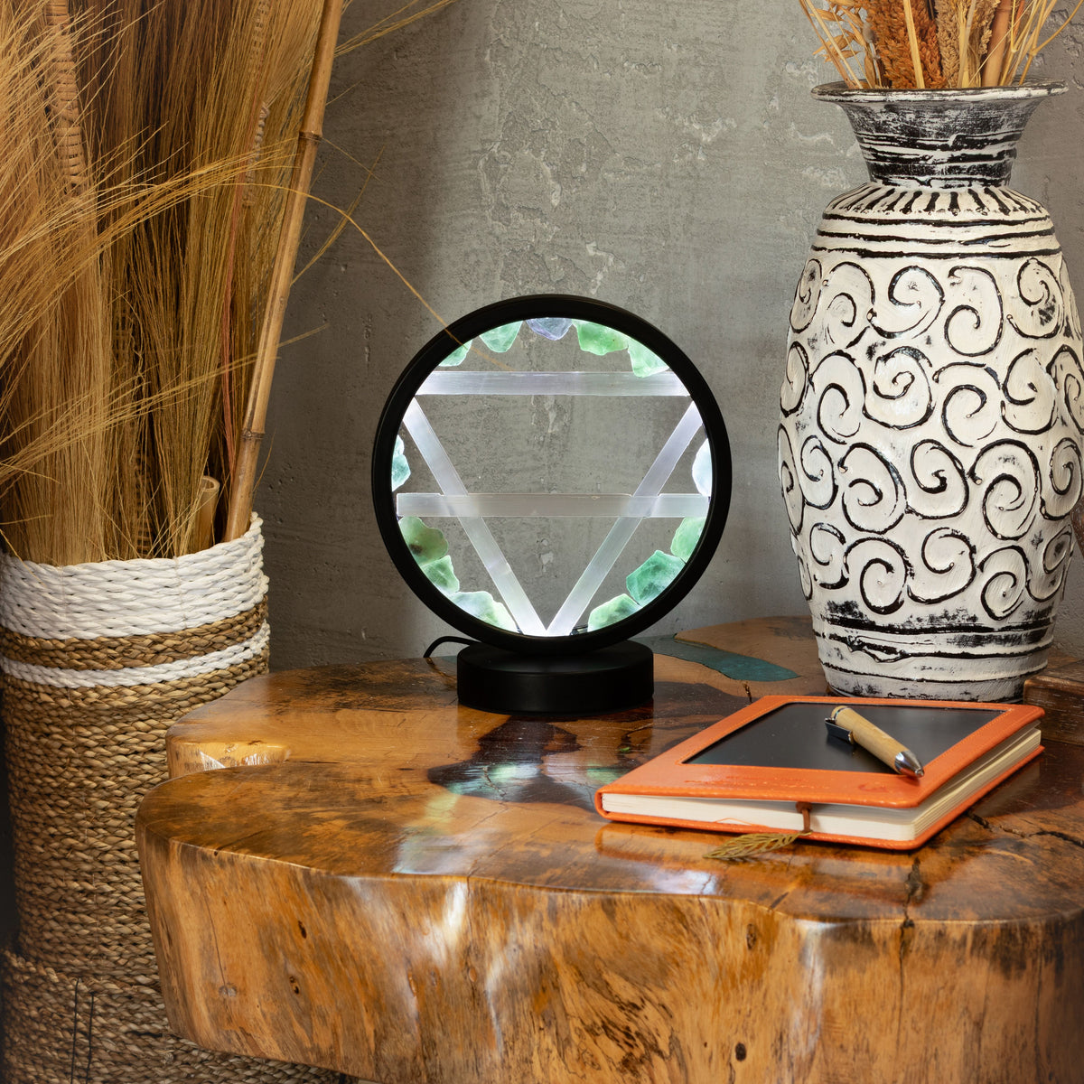 Earth Element Gemstone Halo Lamp | Green Aventurine & Selenite | Alchemical Symbol | USB | Zen Spirit