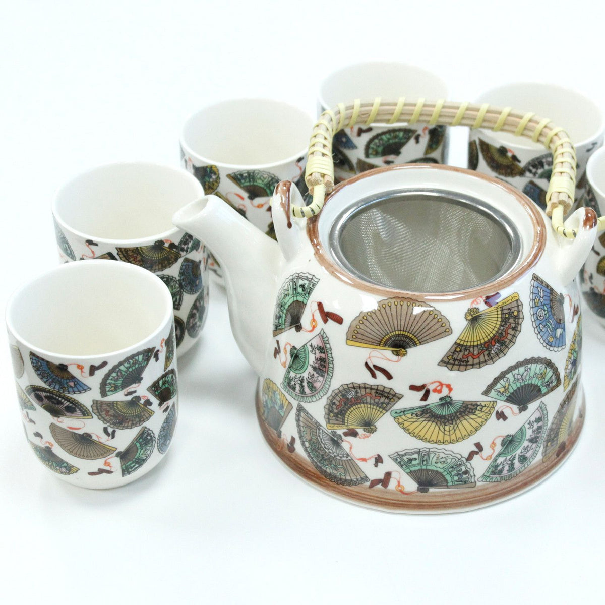 Oriental Fan Ceramic Teapot Set — Teapot & 6 Cups | Loose Leaf Tea Gift