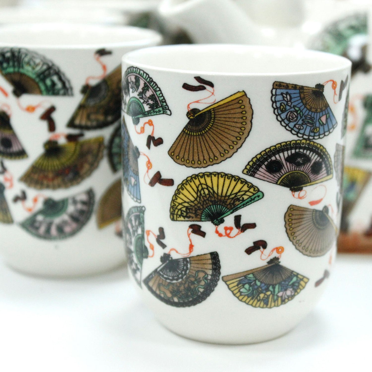 Oriental Fan Ceramic Teapot Set — Teapot & 6 Cups | Loose Leaf Tea Gift